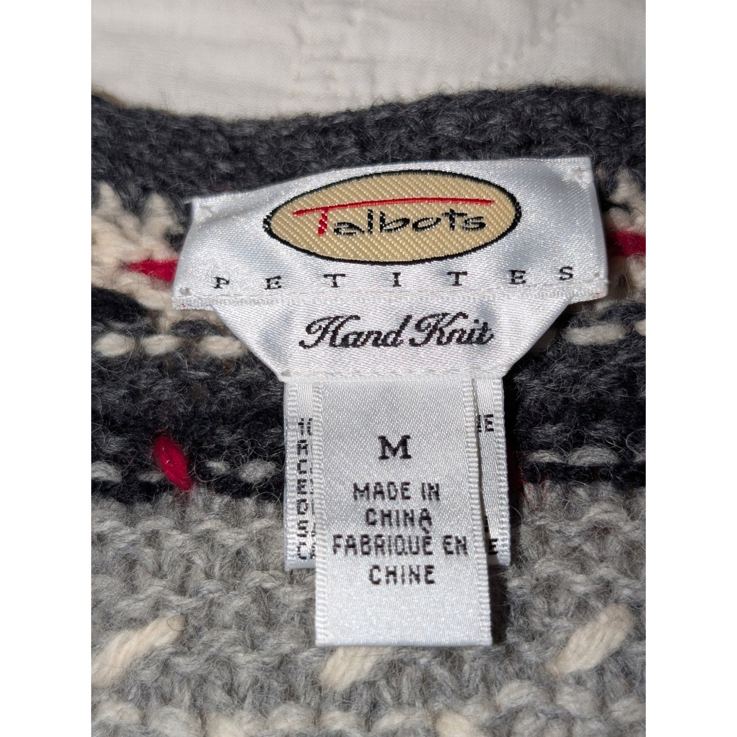 Talbot's Hand Knit 100% Wool Gray Cream Red Black Button Cardigan Sweater Sz MP