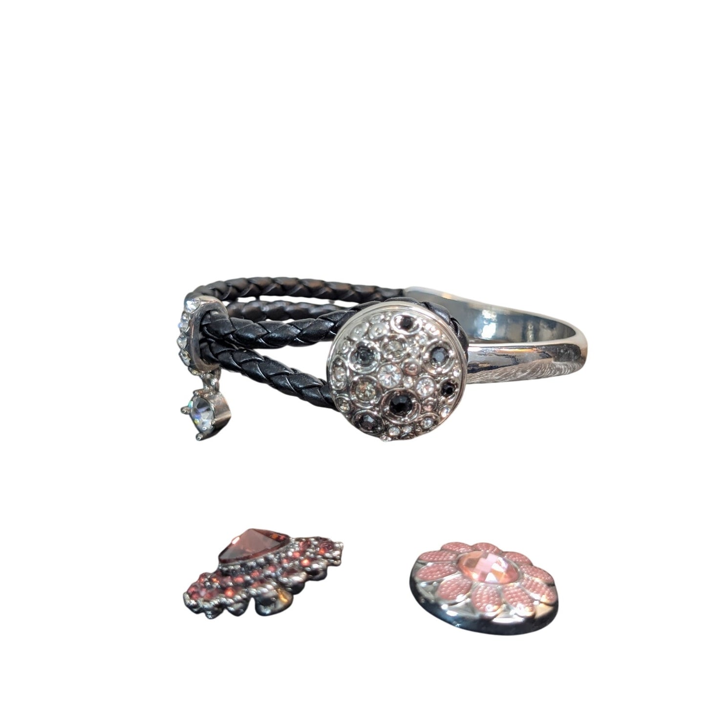 Ginger Snaps Leather Silver Tone Button Clasp Rhinestone Dangle Bangle Bracelet