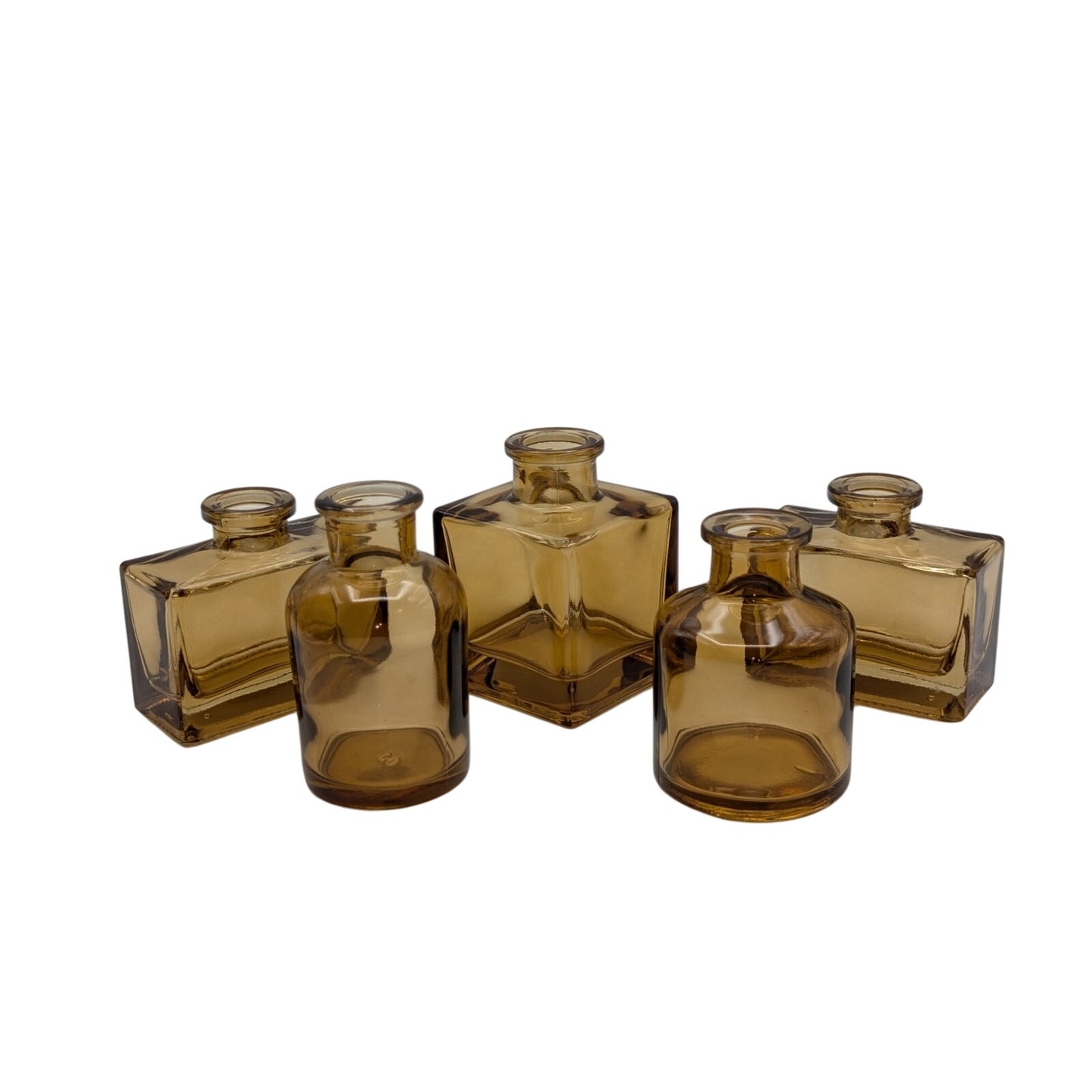 Five Brown Glass Multi-Shape Multi-Size Bud Vases