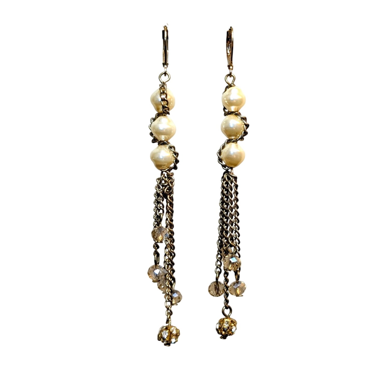 VTG Faux Pearl Crystal Disco Rhinestone Ball Chain Dangle Lever Back Earrings