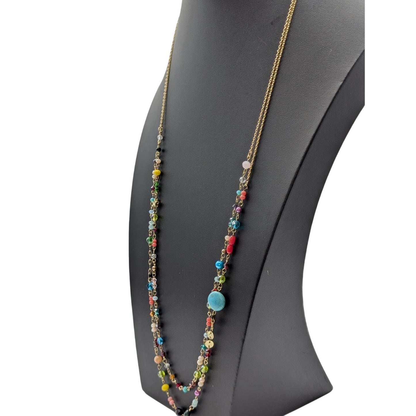 Plunder Double Strand Gold Tone Multi-Color Crystal Beaded Chain 31-34" Necklace