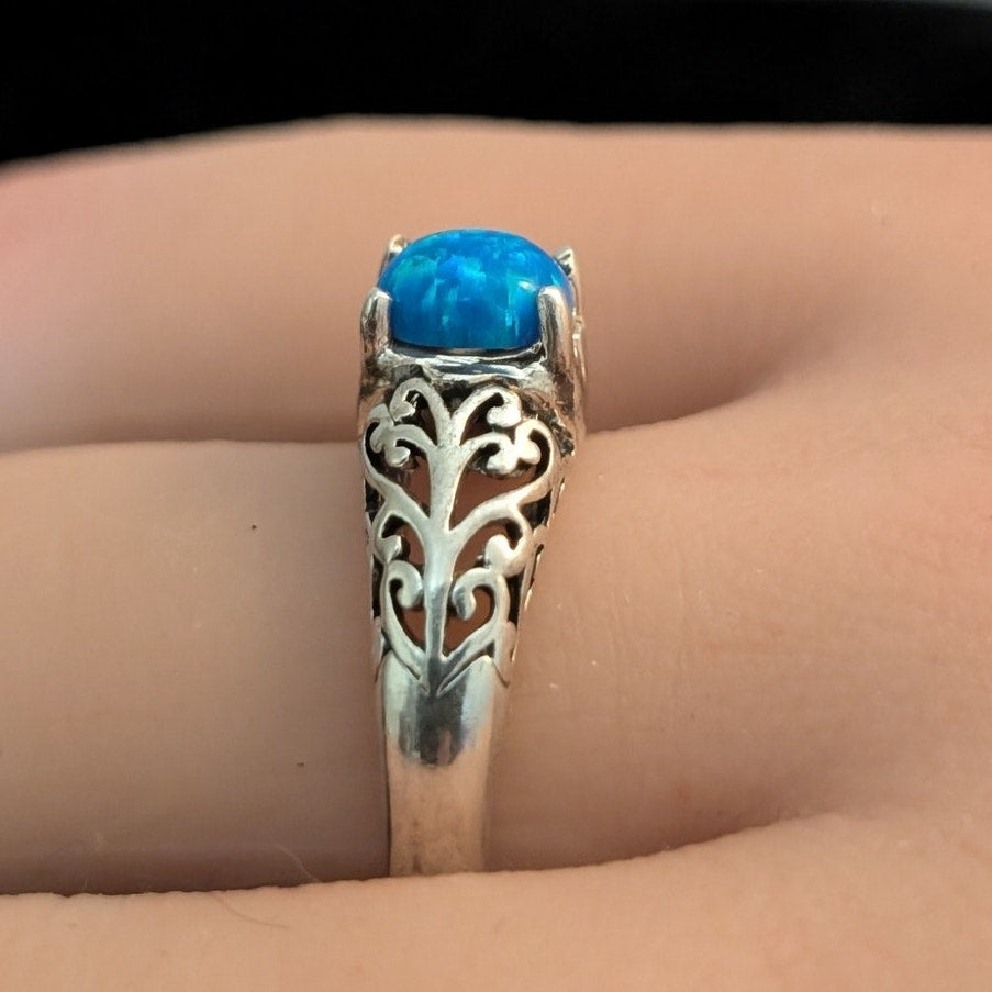 Brilliant Blue Opal Filigree 925 Sterling Silver MF Ring Size 8.5