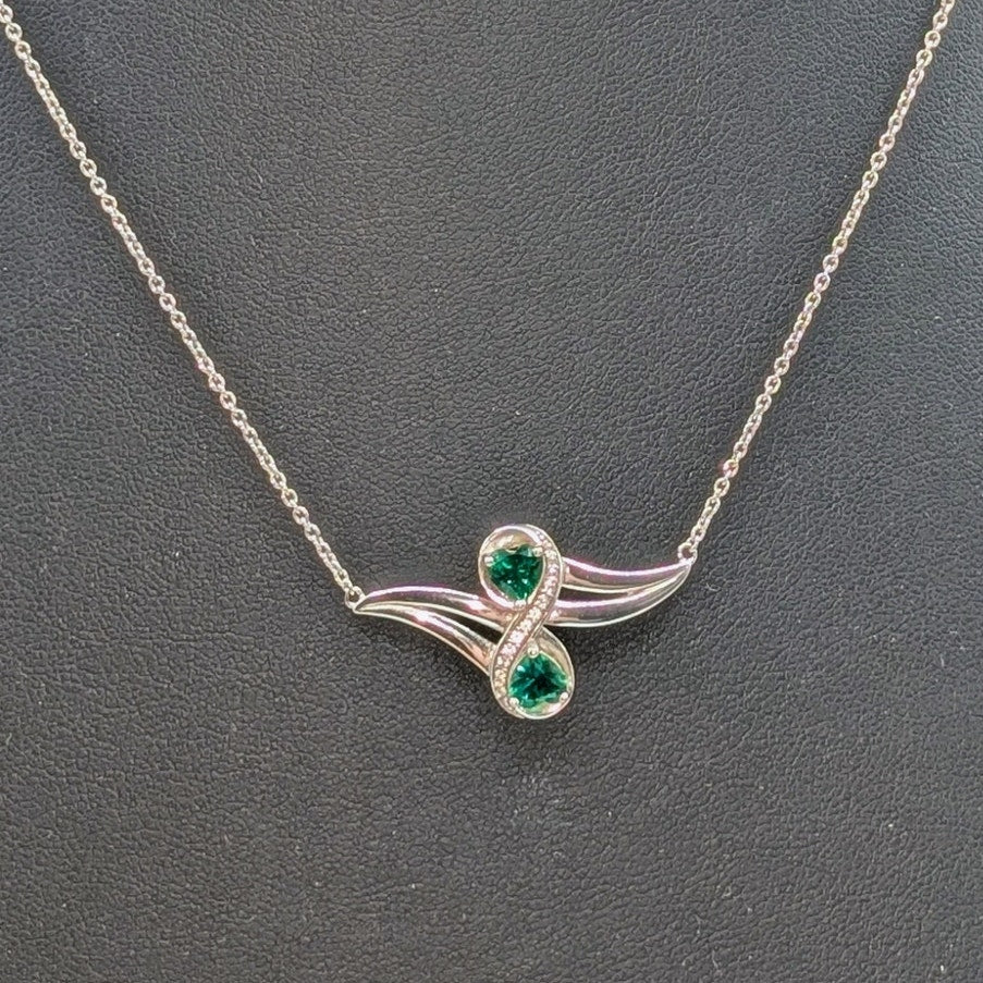 Green Zirconia White Created Sapphire 925 Sterling 2 Heart Infinity Necklace
