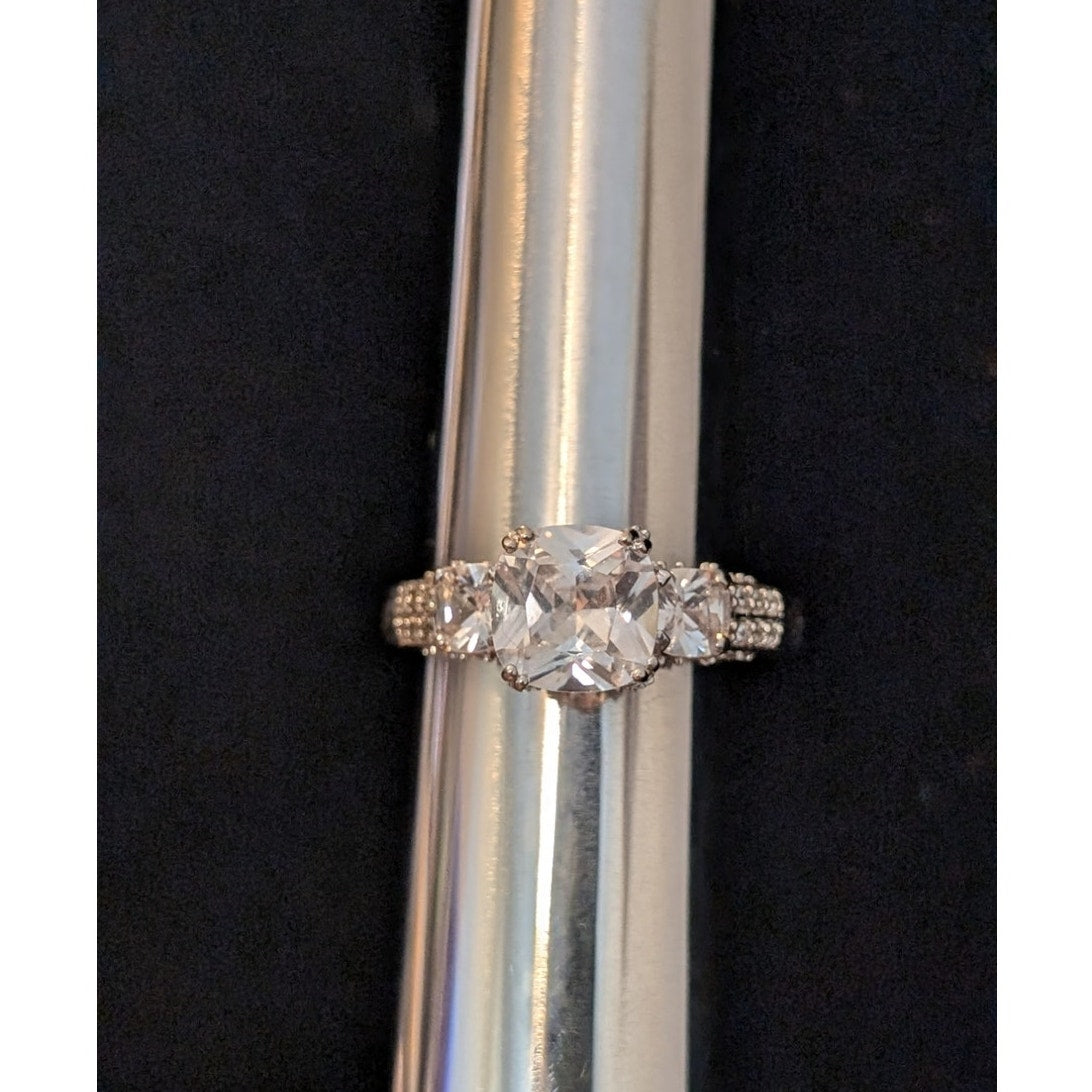 925 Sterling Cushion Cut CZ Center Stone Encrusted Engagement Ring Sz 11.75