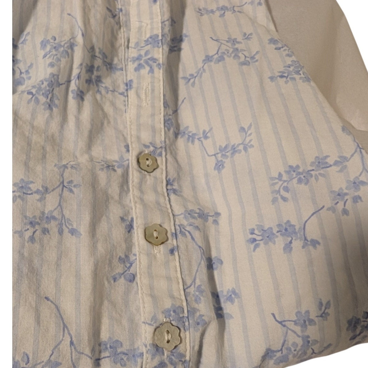 Eileen West Blue Stripe Floral Cotton Button Front 3/4 Sleeve Lace Sleepwear L
