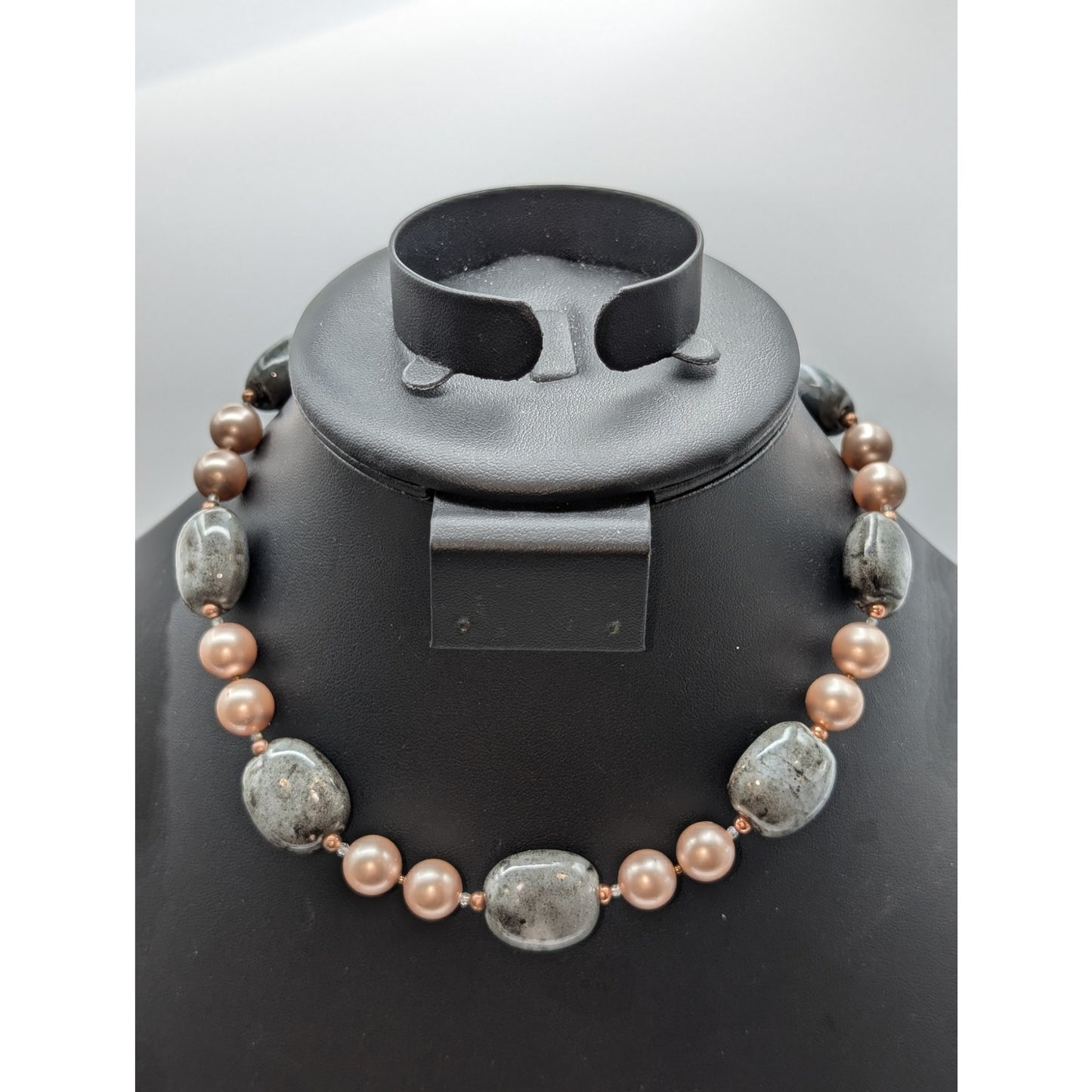 Light Mauve Gray Ceramic Bead Gold Tone Hook Clasp 16" Necklace