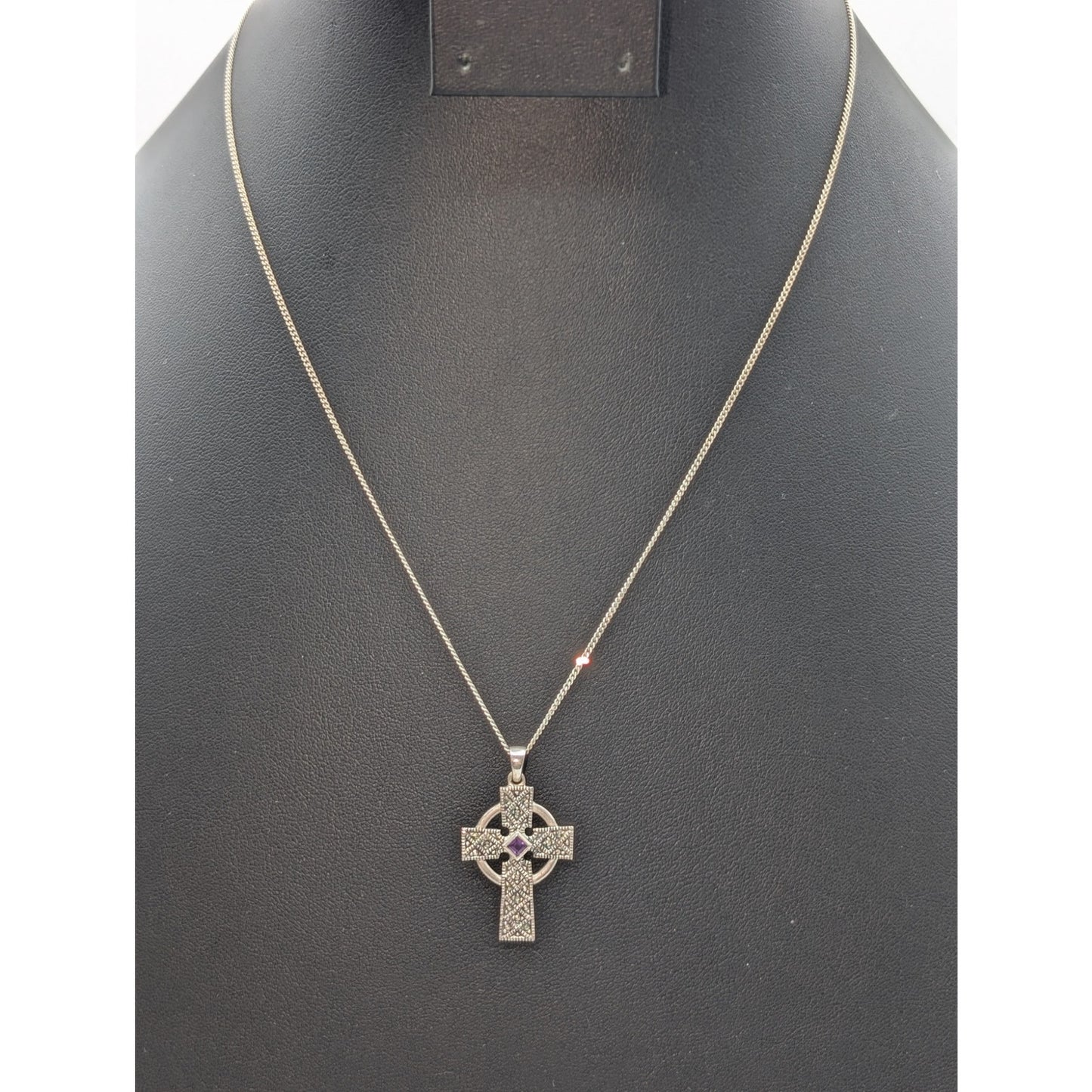 925 Sterling Silver Marcasite Amethyst Celtic Cross Pendant Chain 18" Necklace