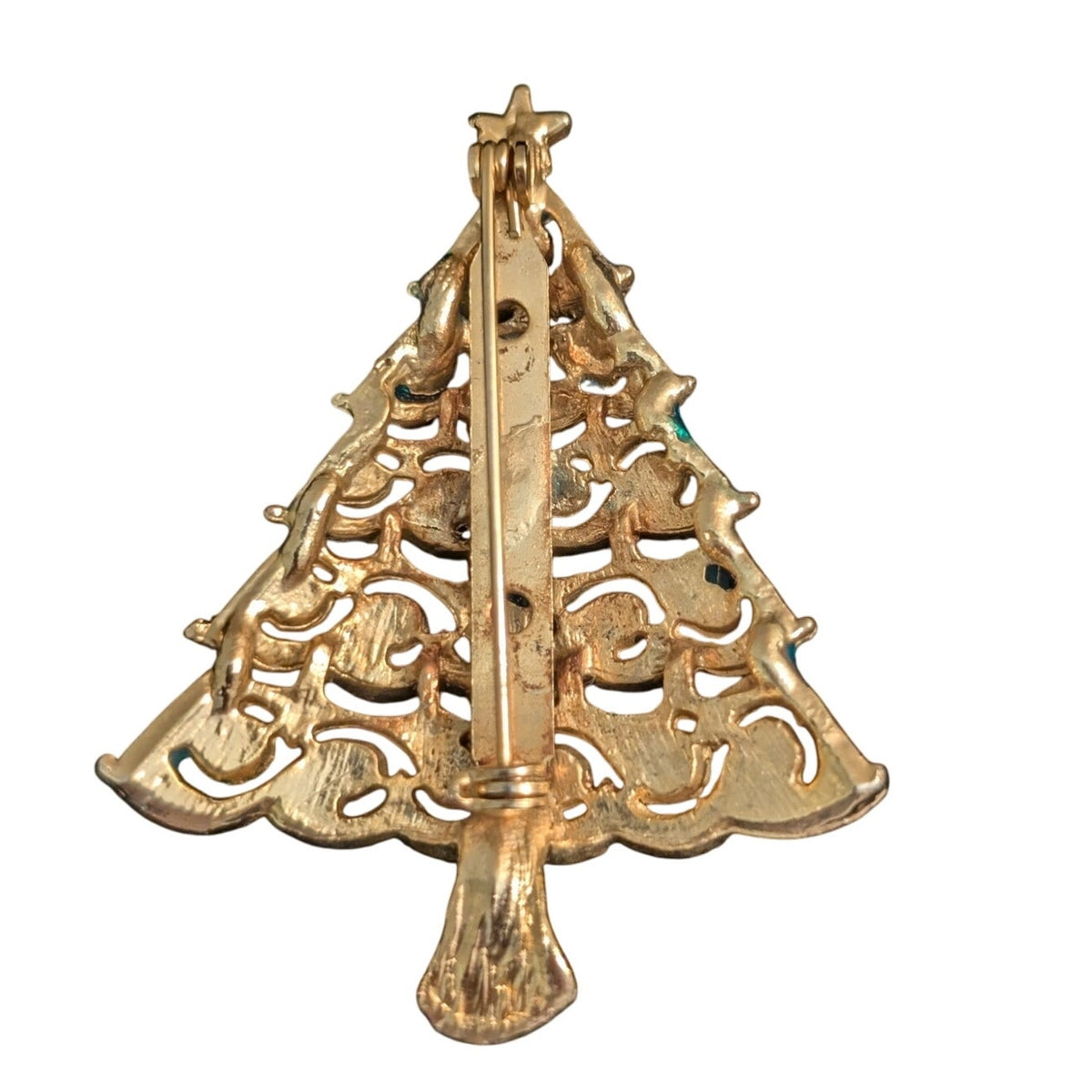 Vintage Green Enamel Gold Tone Christmas Tree Brooch