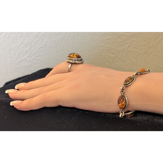 Vintage Polish Gdansk Amber 925 Ring & Amber Marked KW 925 Bracelet Set