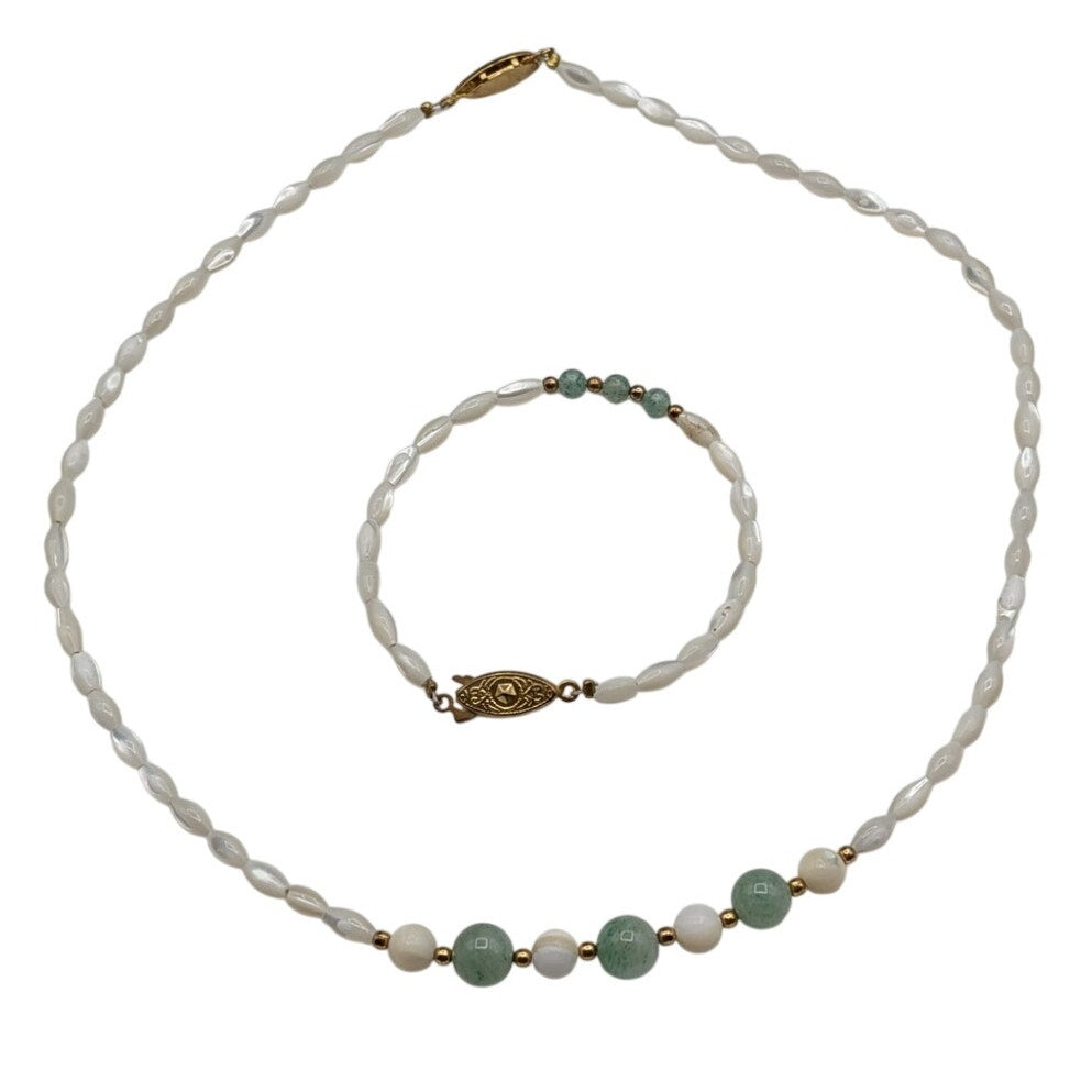 VTG 3 Pc Lot--2 Necklaces & 1 Bracelet MOP & Semi-Precious Green Stone Jewelry