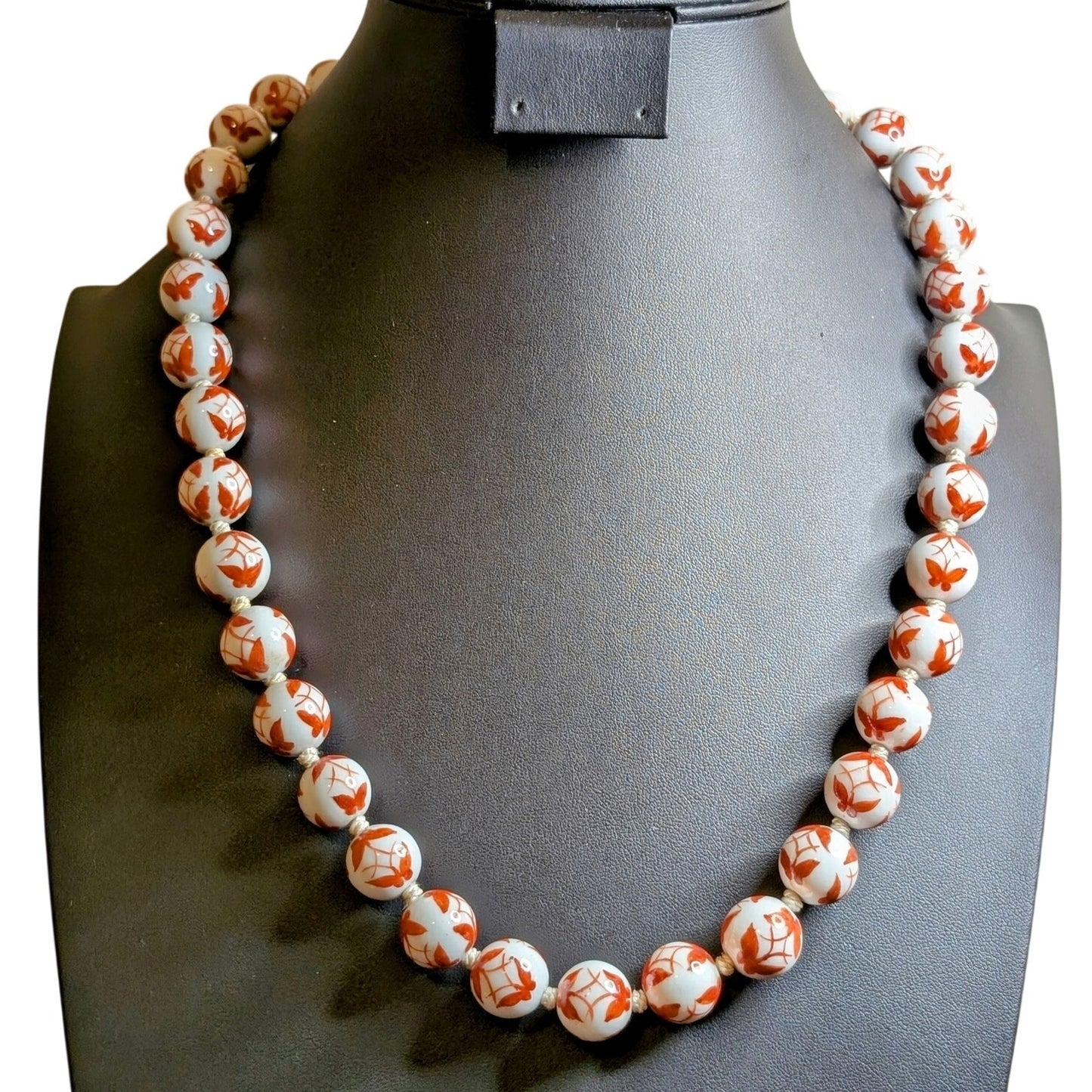Vintage Mid Century Japanese Porcelain Butterfly Bead Hand-knotted 26" Necklace