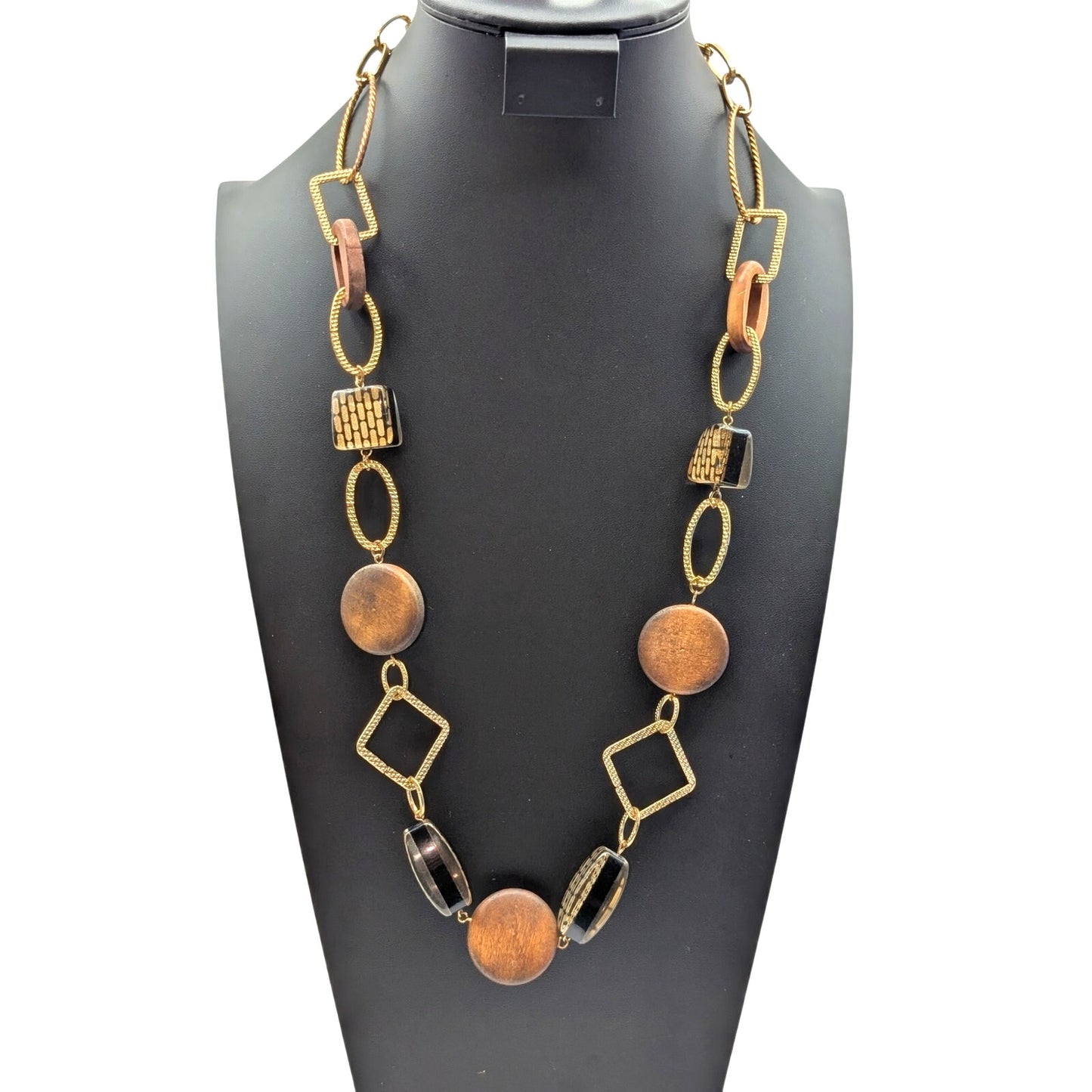 Vintage Thick Sparkle Gold 'Brick' Lucite Wooden Disk Gold Tone Chain Necklace