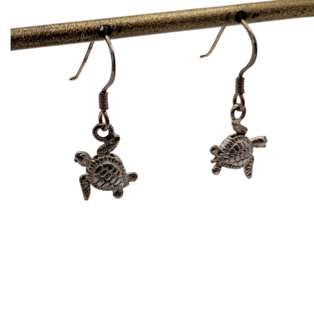 925 Sterling Silver Tiny Turtle Dangle Ear Wire Earrings