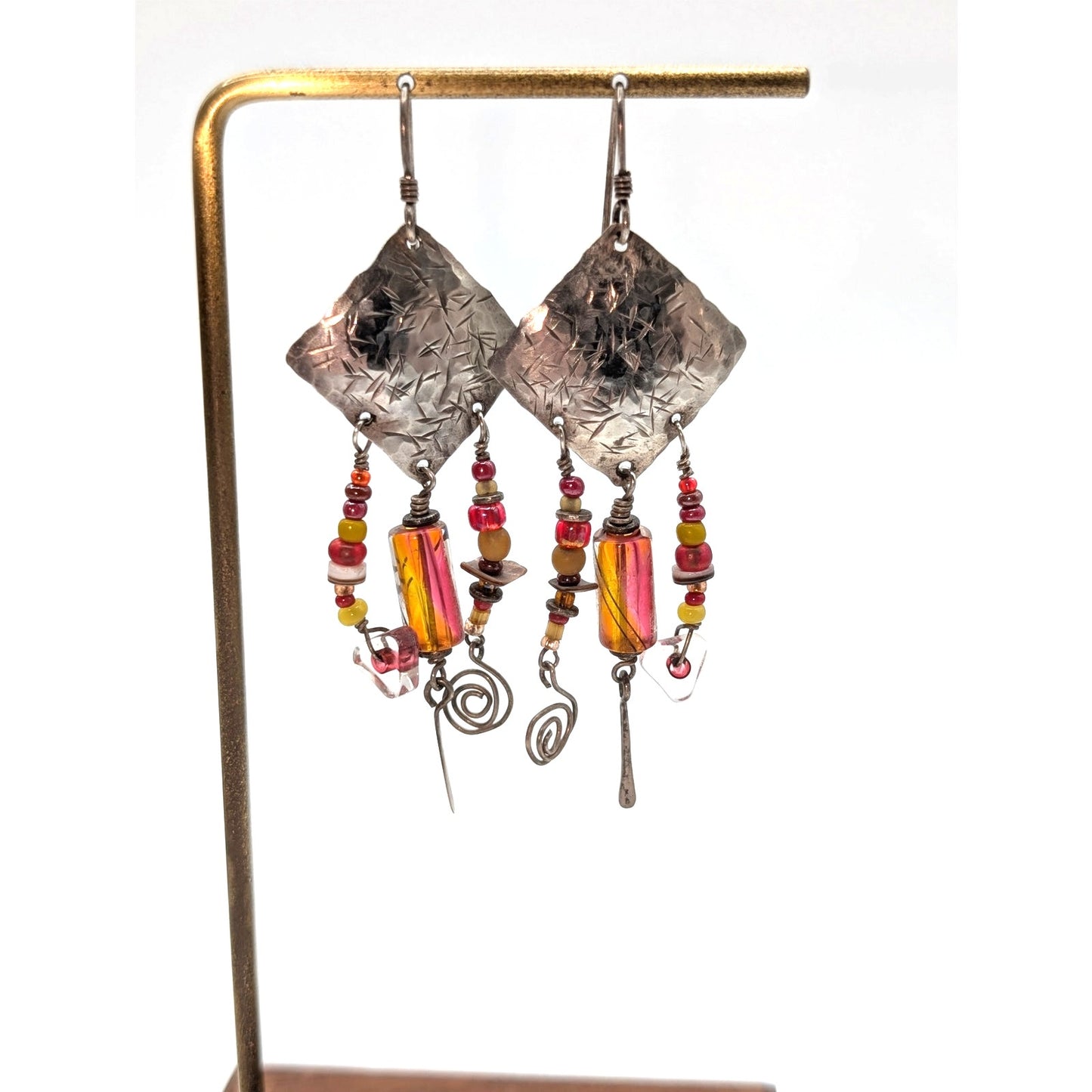 925 Sterling Silver Embossed Artisan Created Glass Bead Dangle Earrings