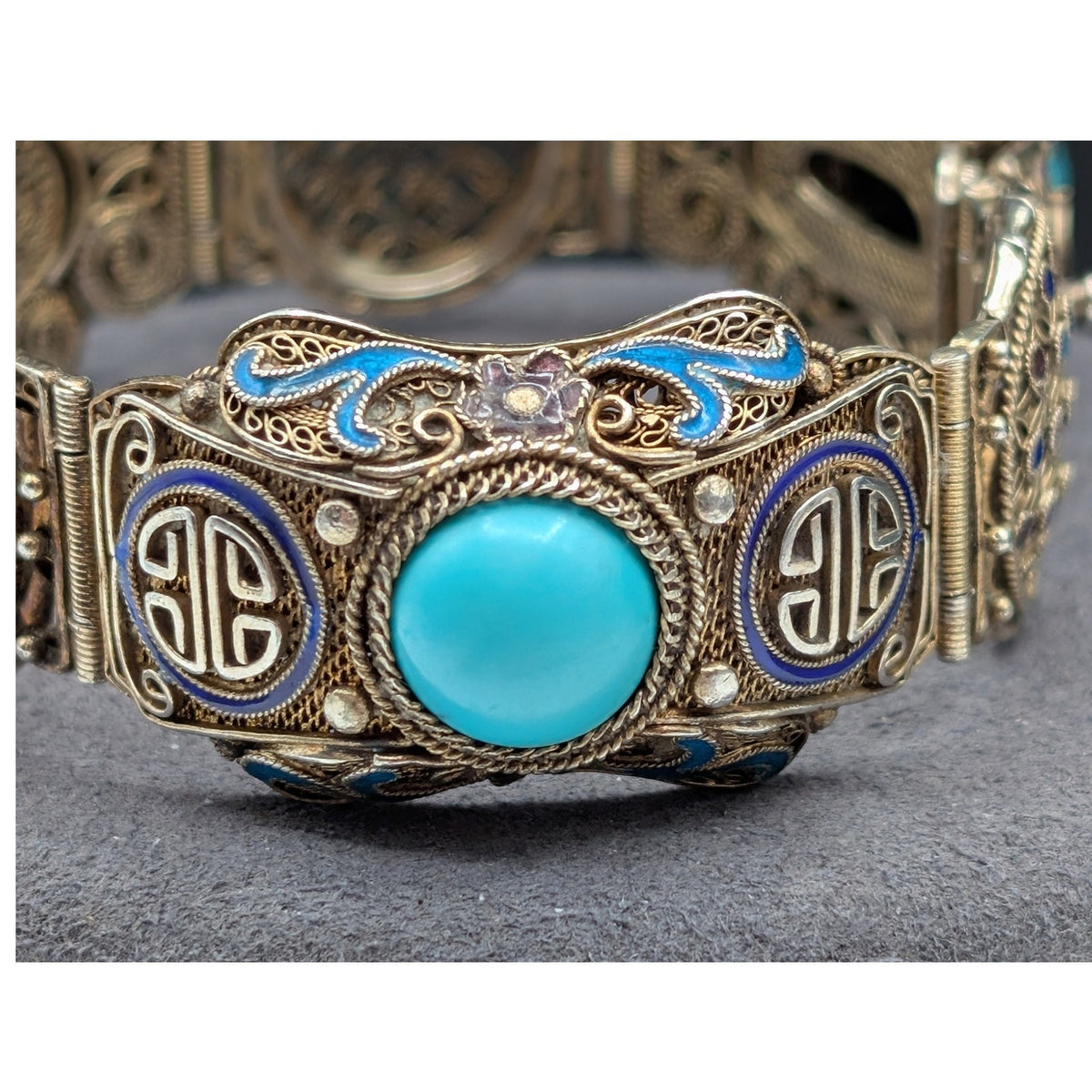 Antique 1900 Chinese Export .900 Silver Gilt Filigree Turquoise Enamel Bracelet