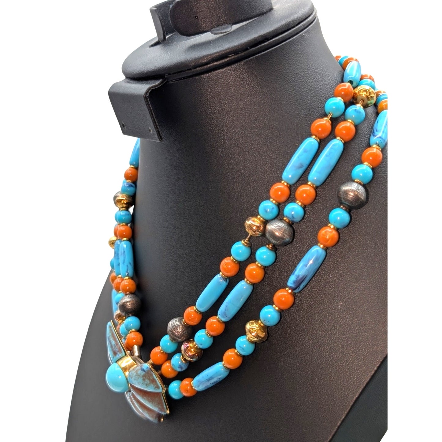 Vintage Three Strand Aqua Brick Gold Tone & Silver Tone Beaded Pendant Necklace
