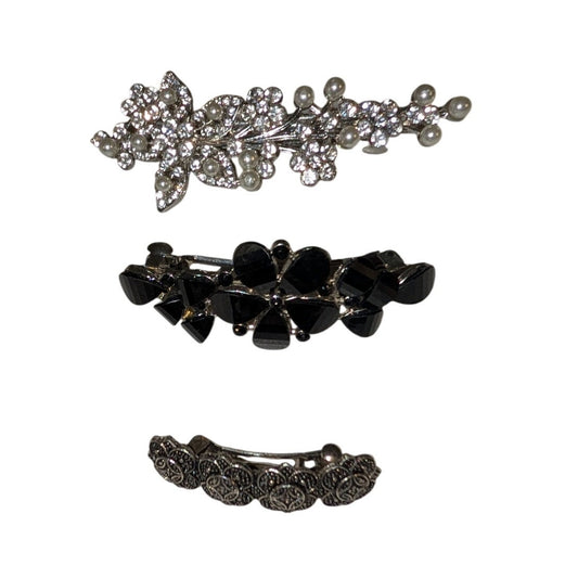 Lot of Three Vintage Barrettes - Rhinestone Pearl Black Bead & Metal Flowers