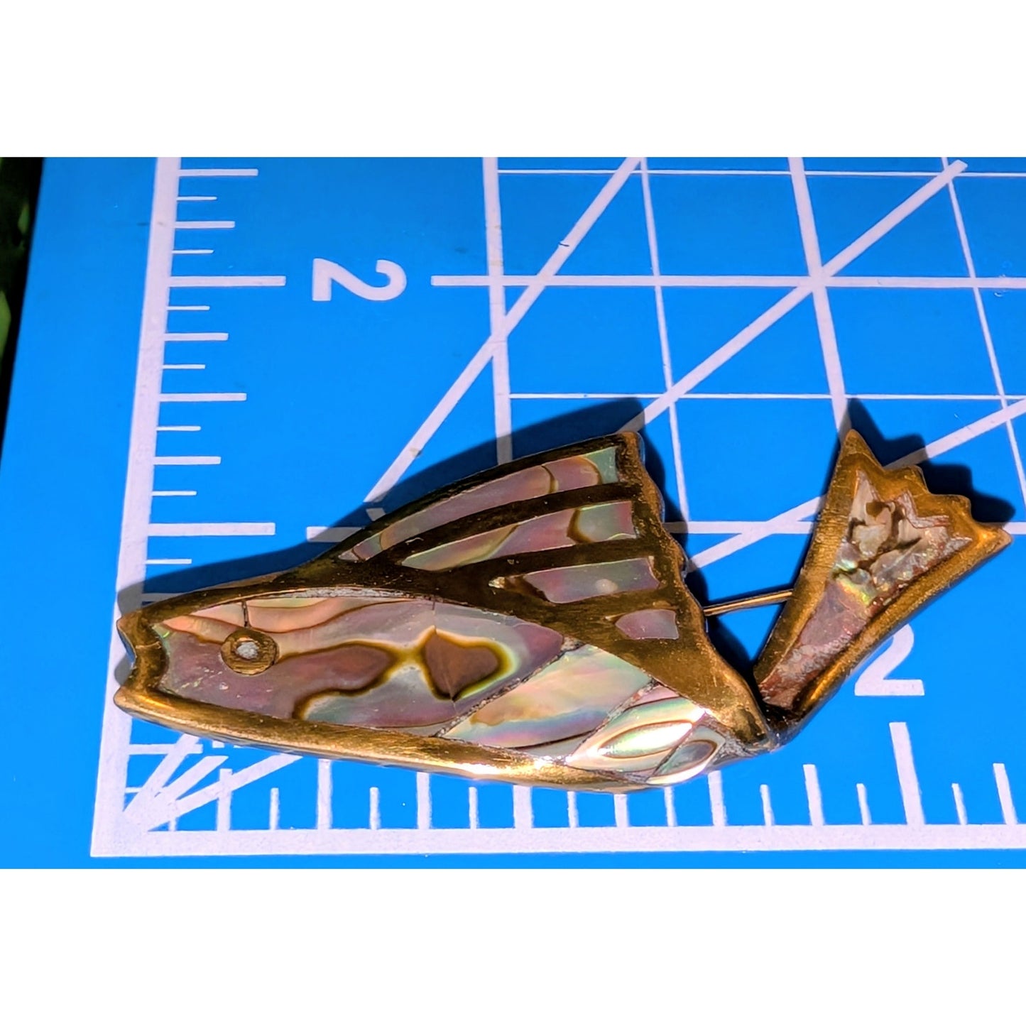 Signed Los Castillo Taxco Mexico Brass & Abalone Fish Shaped Brooch
