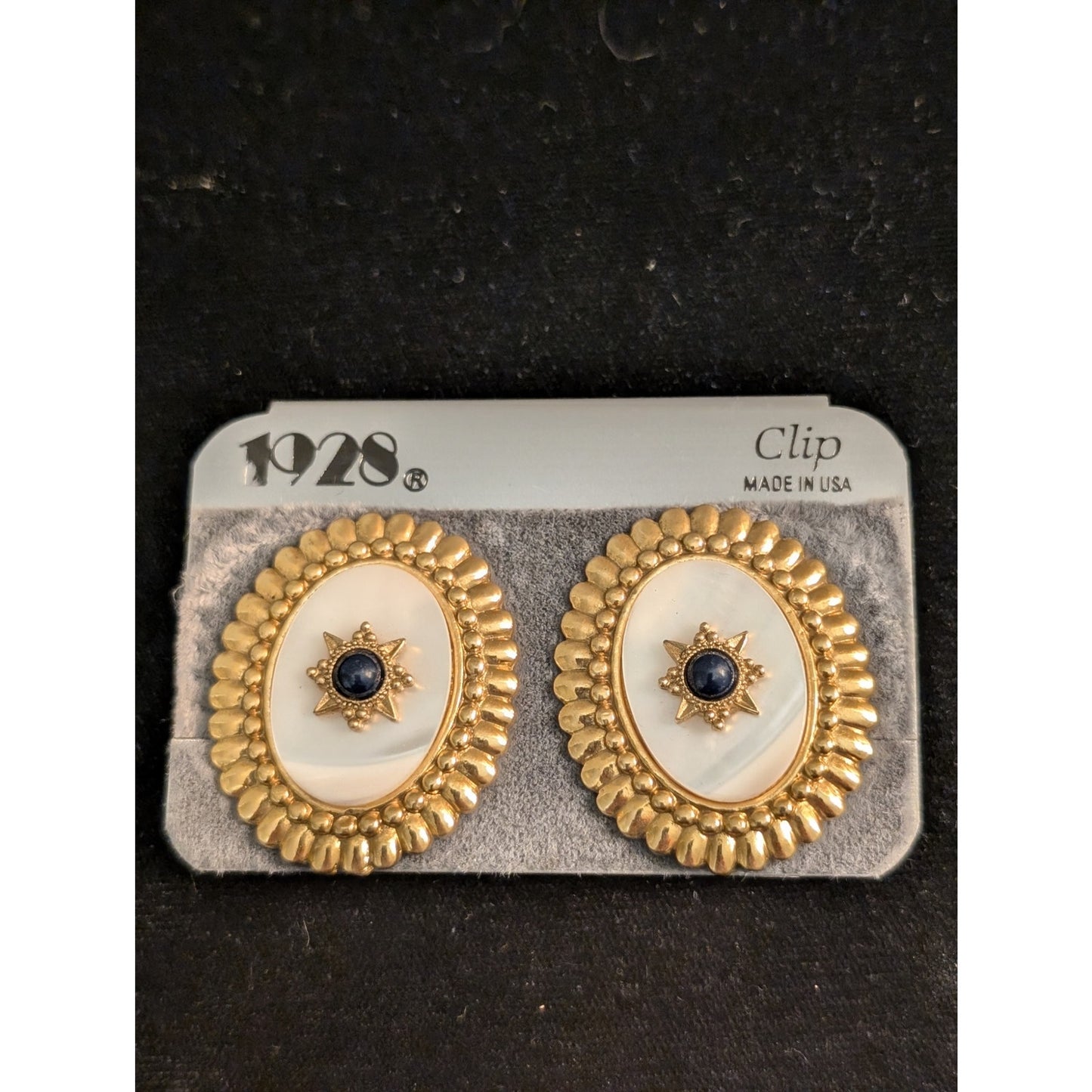 NWT Vintage 1928 Mother of Pearl Blue Stone Clip On Earrings