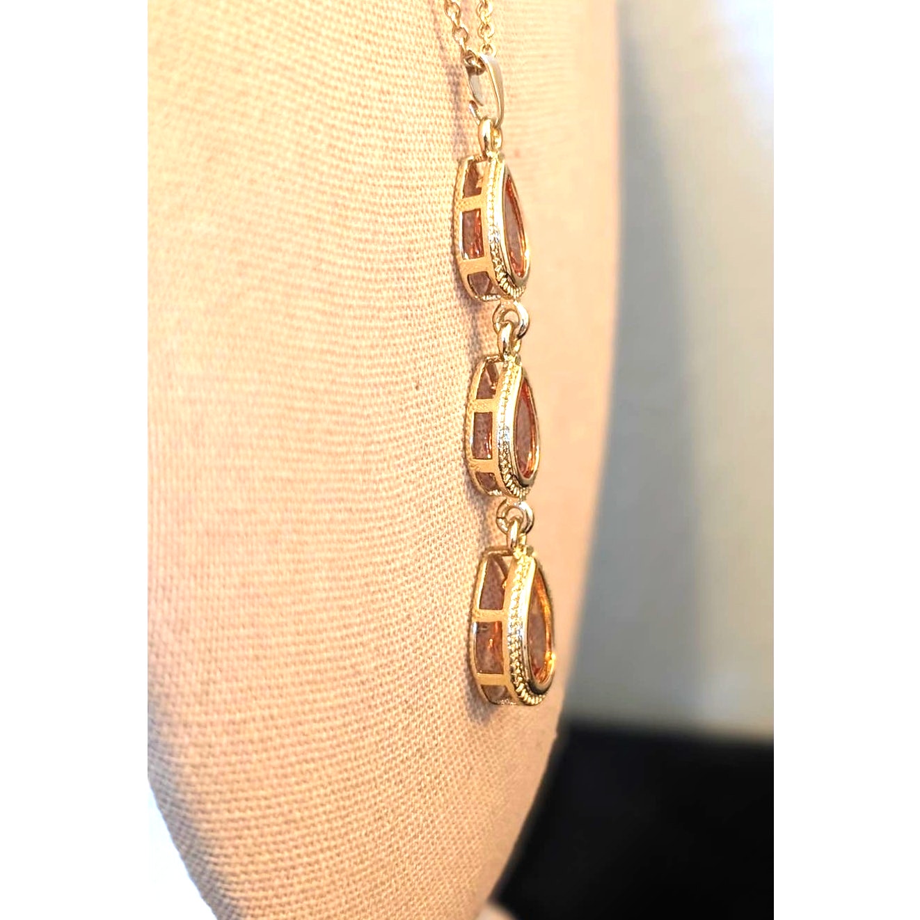 Three Teardrop Crystal Dangle Pendant Gold Tone Necklace
