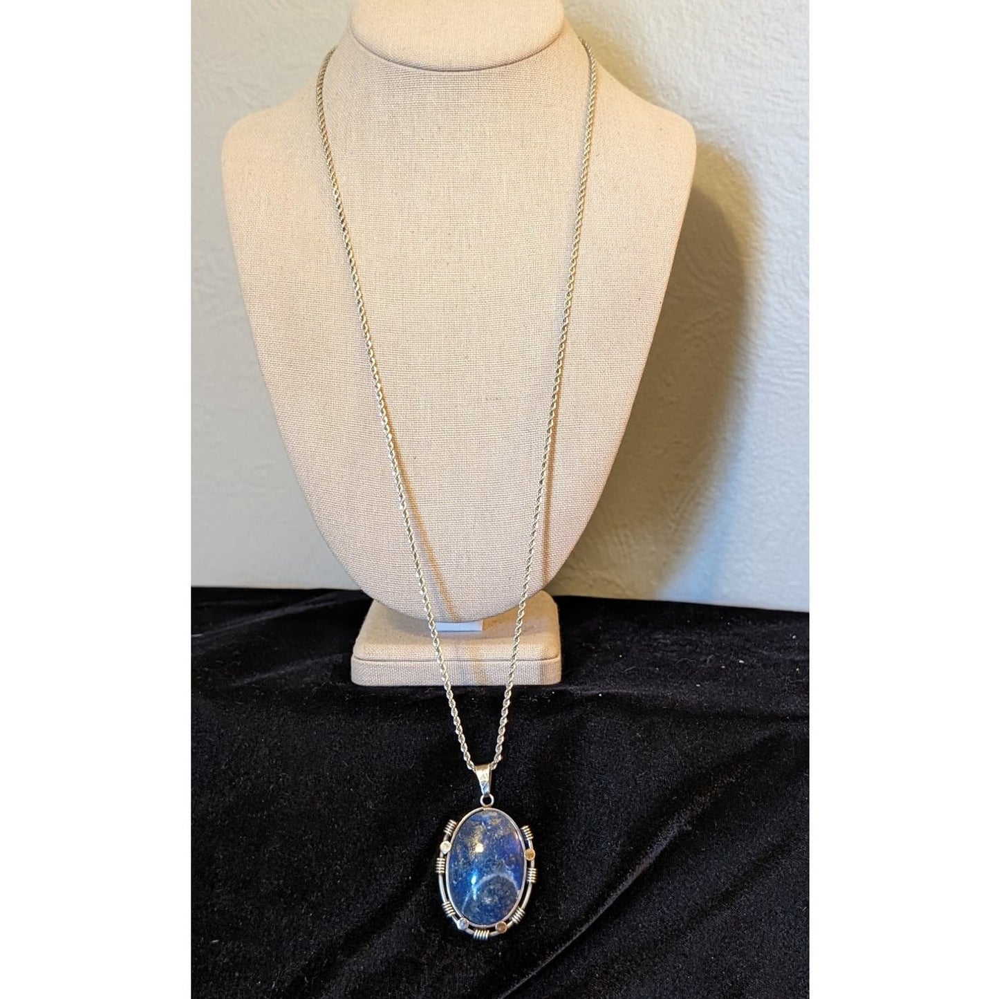 Blue Stone Bezel Set in Sterling Silver on Vintage Heavy Sterling Rope Chain