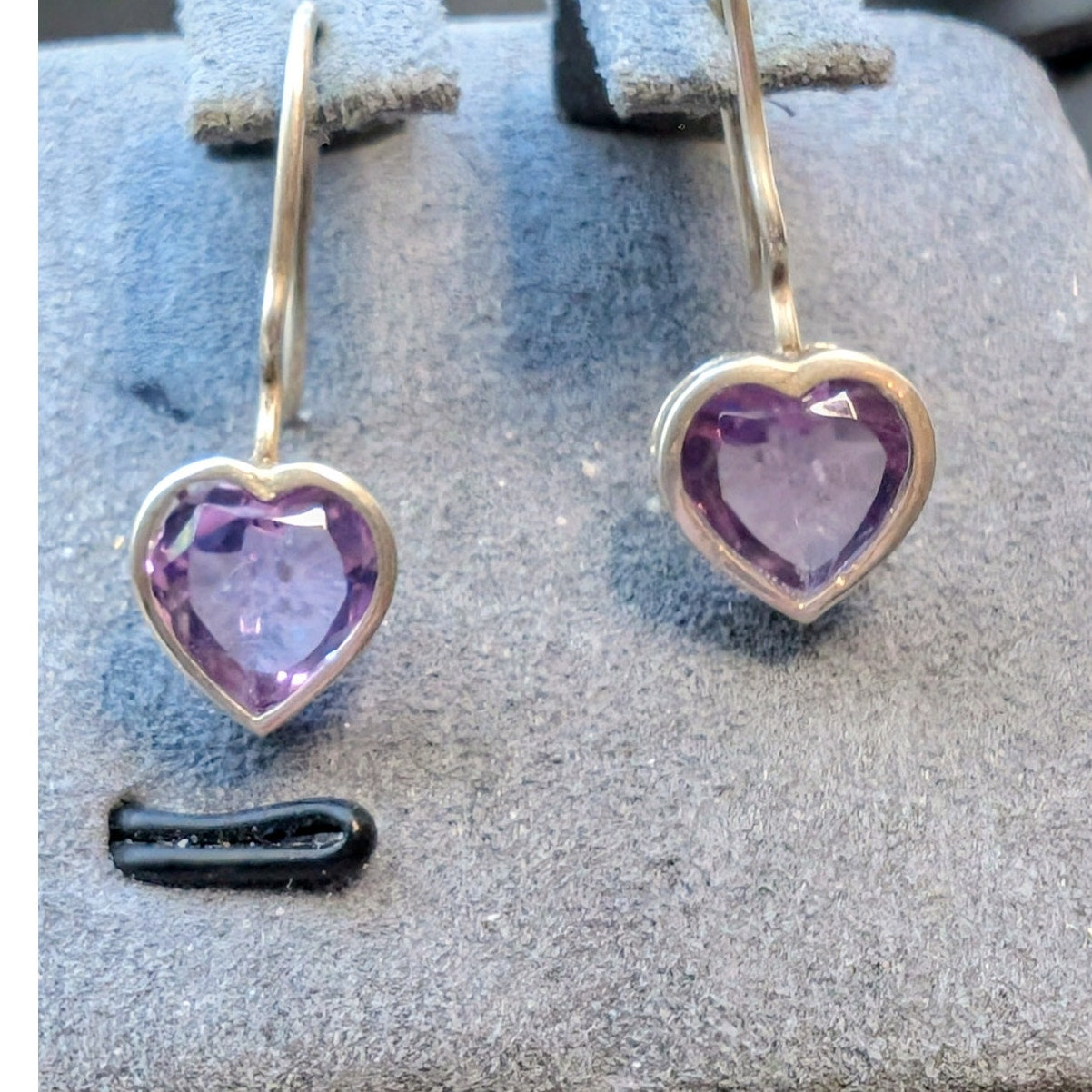 Vintage 925 Sterling Silver Amethyst Heart Wire Drop Earrings