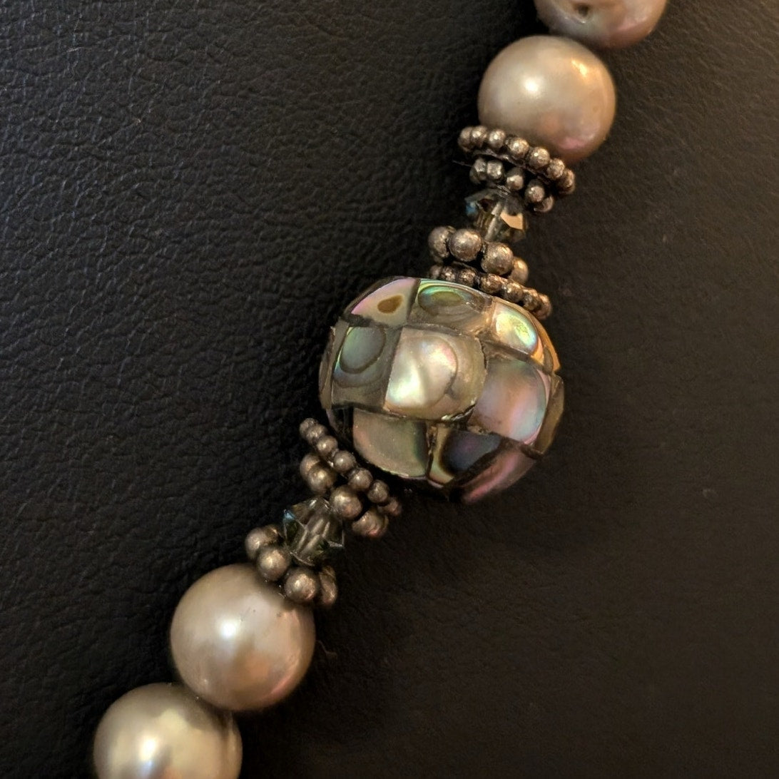 Vintage to Antique Sterling Silver Pearl Rock Quartz Abalone Shell Bead Necklace