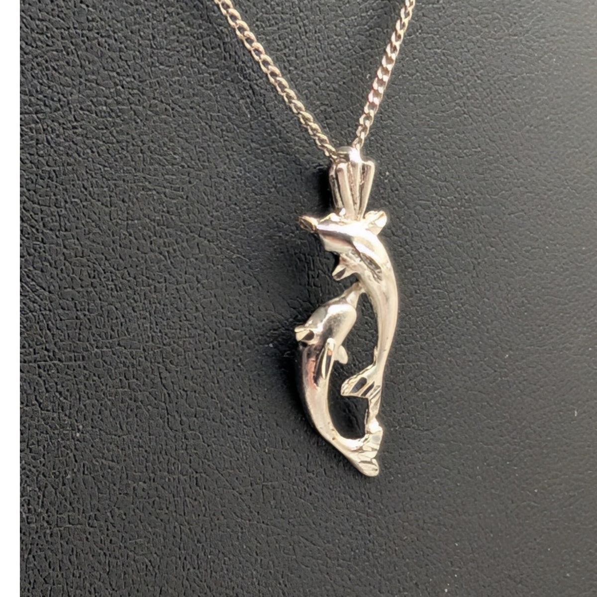 925 Sterling Silver Two Dolphins Playing Pendant 16" Chain Necklace