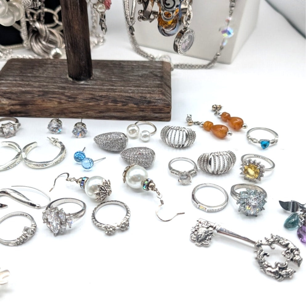 Reseller's Delight 47 Piece Silver Tone Vintage to Modern Costume Jewelry Lot