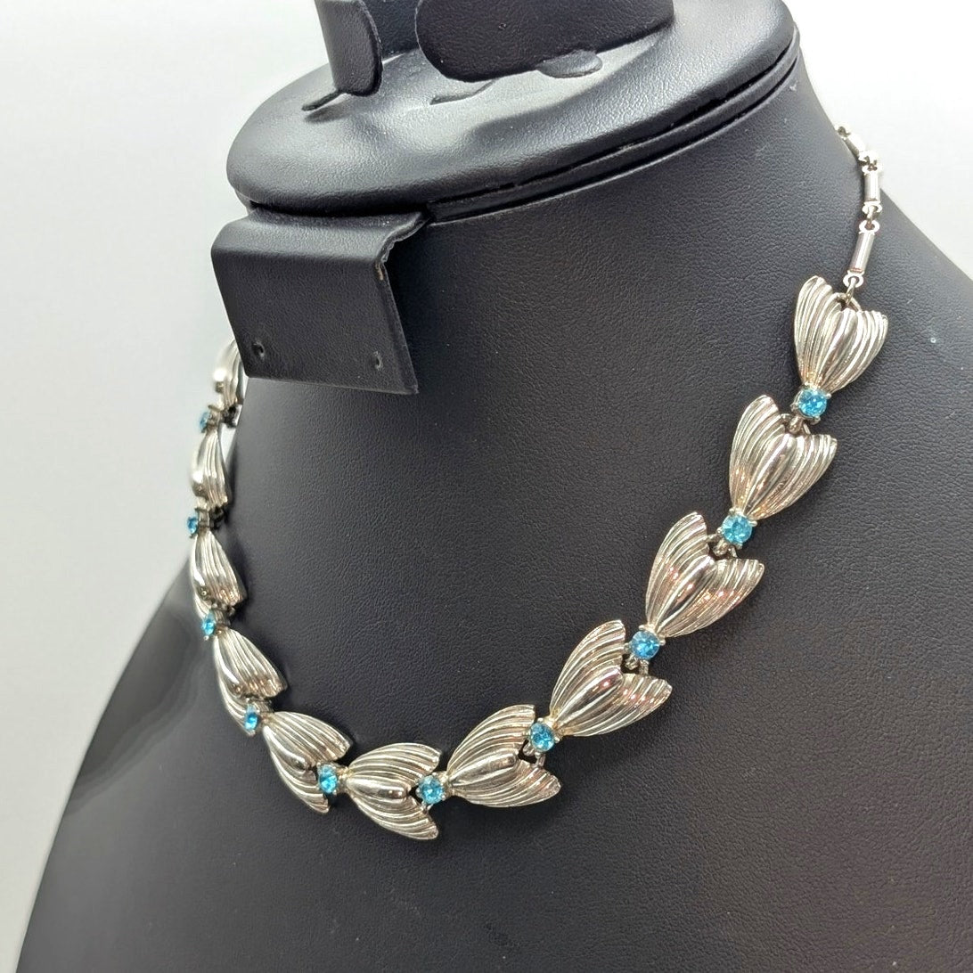 Vintage Silver Tone Blue Rhinestone Leaf Design Hook Clasp 16" Necklace