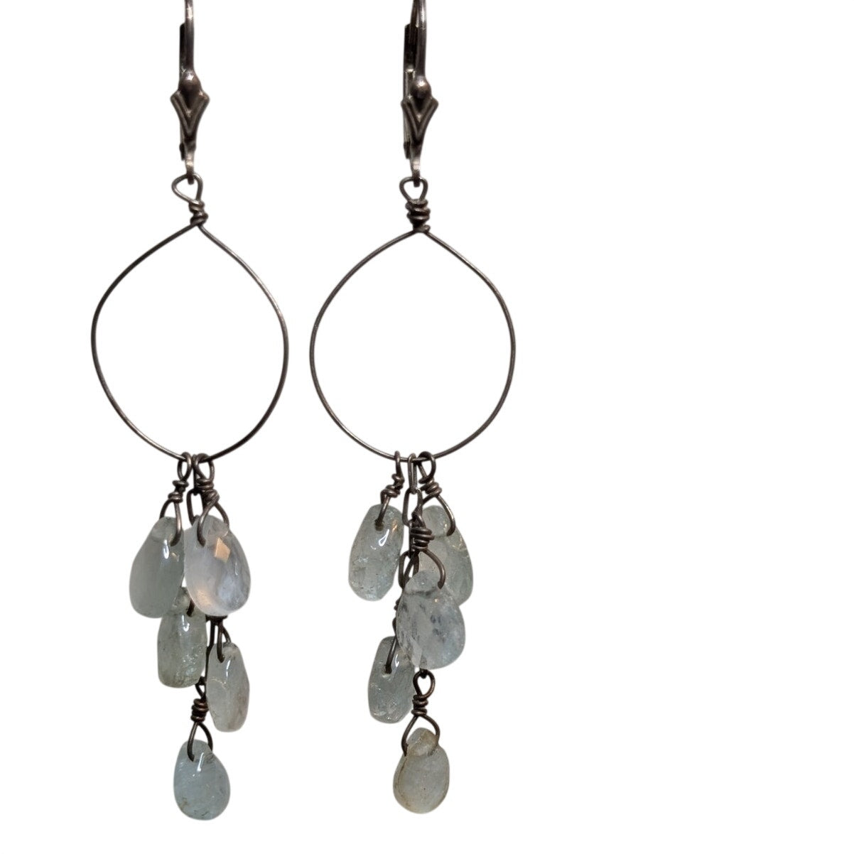 Vintage Aqua Teardrop Briolette Dangle Wire Lever Back Earrings