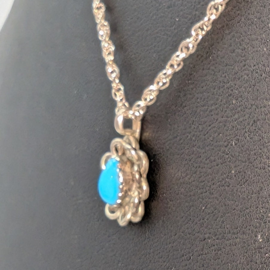 Vintage Turquoise Frilly Border 925 Sterling Silver Pendant 18" Necklace