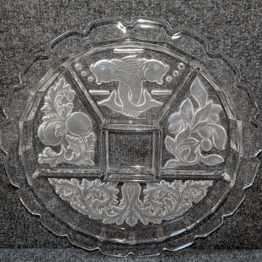 Vtg Intaglio Round Glass Divided Relish Fruit Vegetable Dip Serving Dish Plate