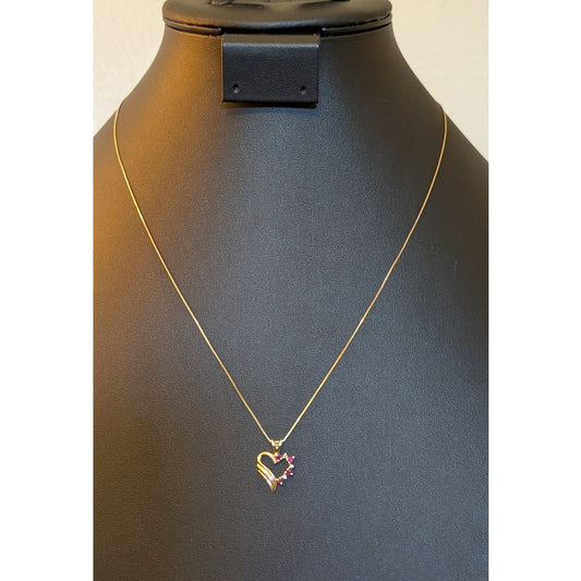 14K Yellow Gold Red Spinel Diamond Heart Pendant 20" 14K Box Chain Necklace