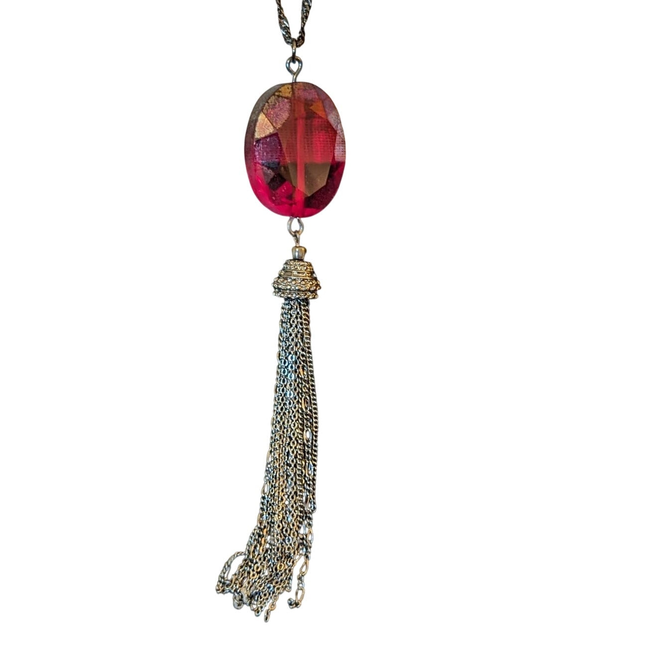 Versona Red Faceted Glass Pendant Tassel Gun Metal 35"-38" Necklace
