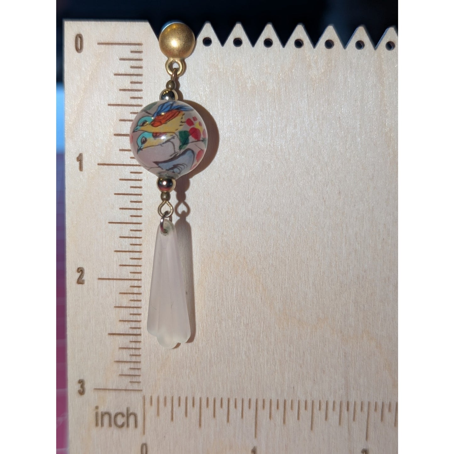 Vintage Japanese Painted Glass Bead White Frosted Dangle Earrings