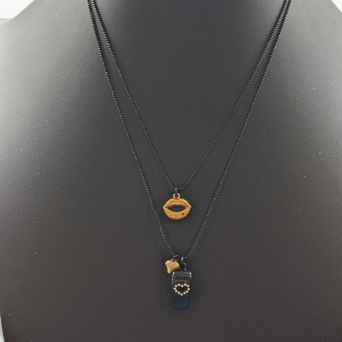 Betsey Johnson Black Gold Rhinestone Whistle Lips Heart Double Strand Necklace
