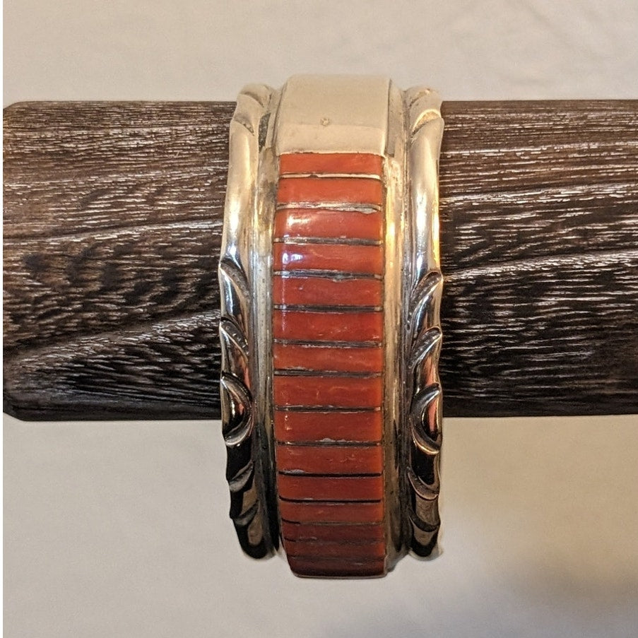 VTG Signed Zuni El Gasper Red Coral Inlay Sterling Silver Cuff Bracelet 44g