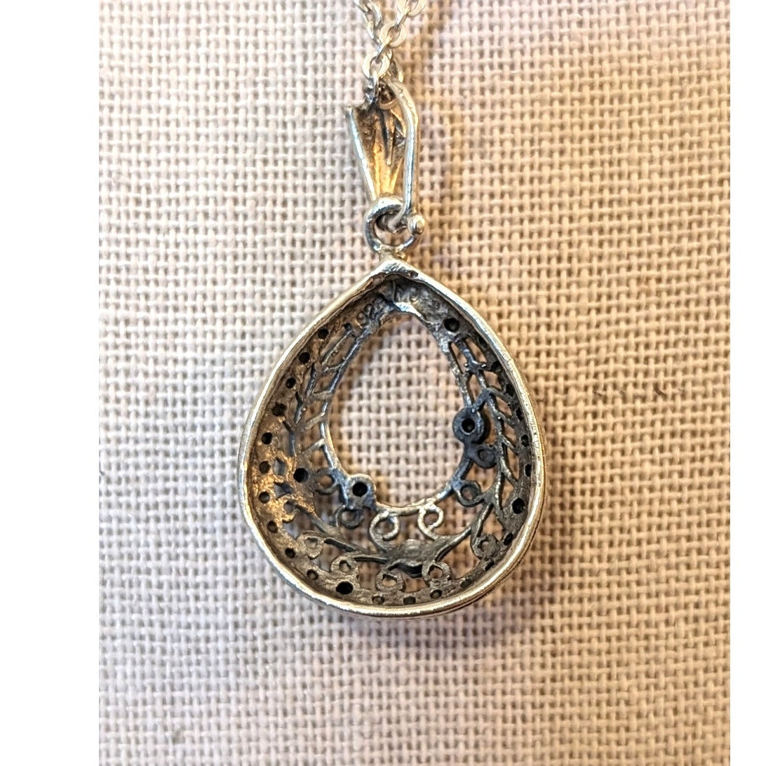 Vtg 925 Sterling Silver Filigree Teardrop Marcasite Pendant 18" Chain Necklace