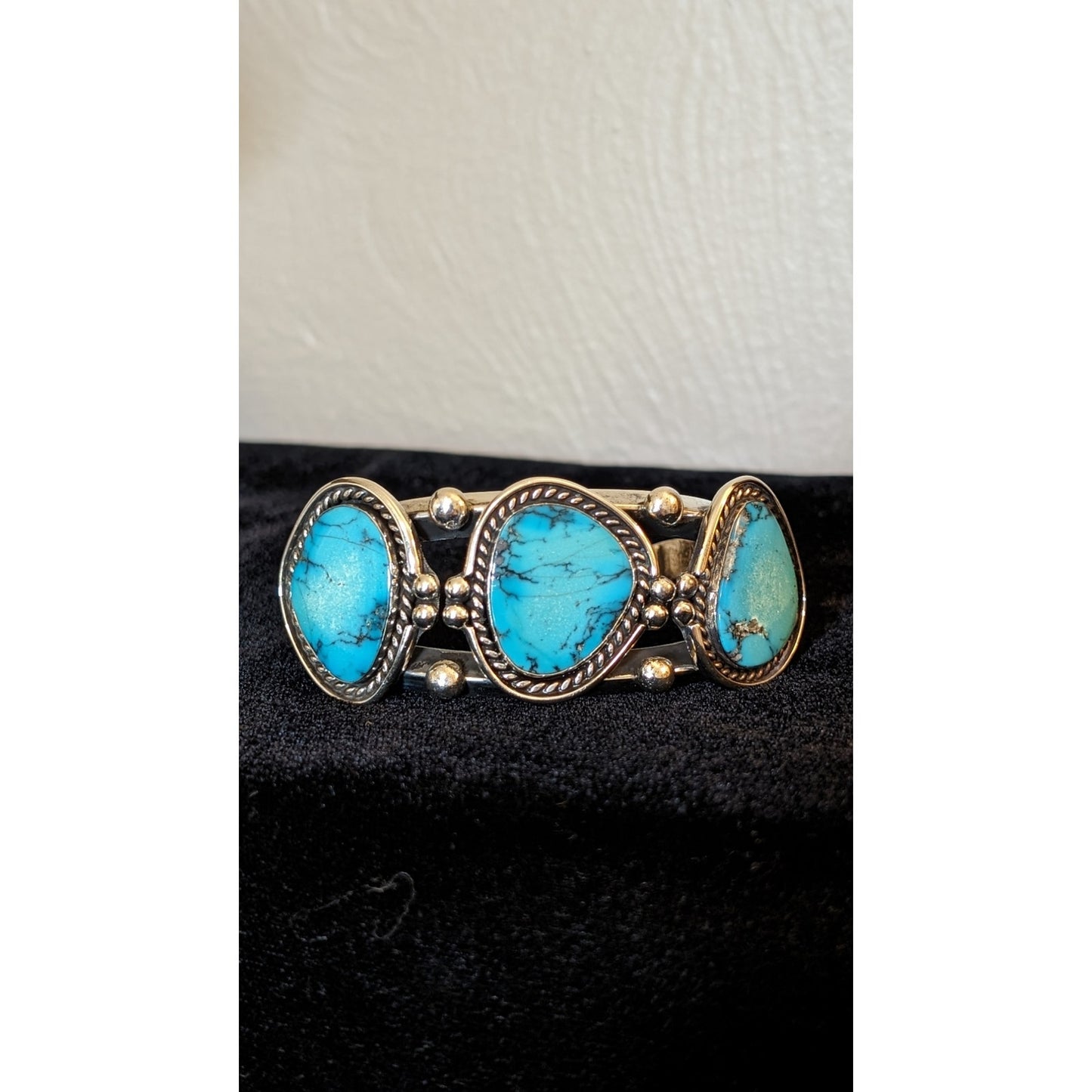 Three Turquoise Stone & Sterling Silver Chunky Cuff Bracelet