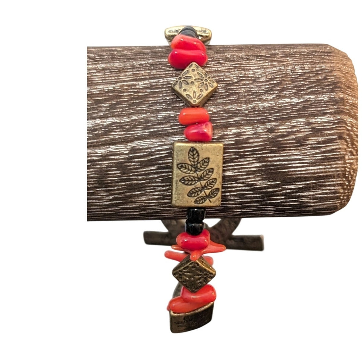 Lot of Two Bronze Tone Red Black Stone Toggle Clasp Bracelets