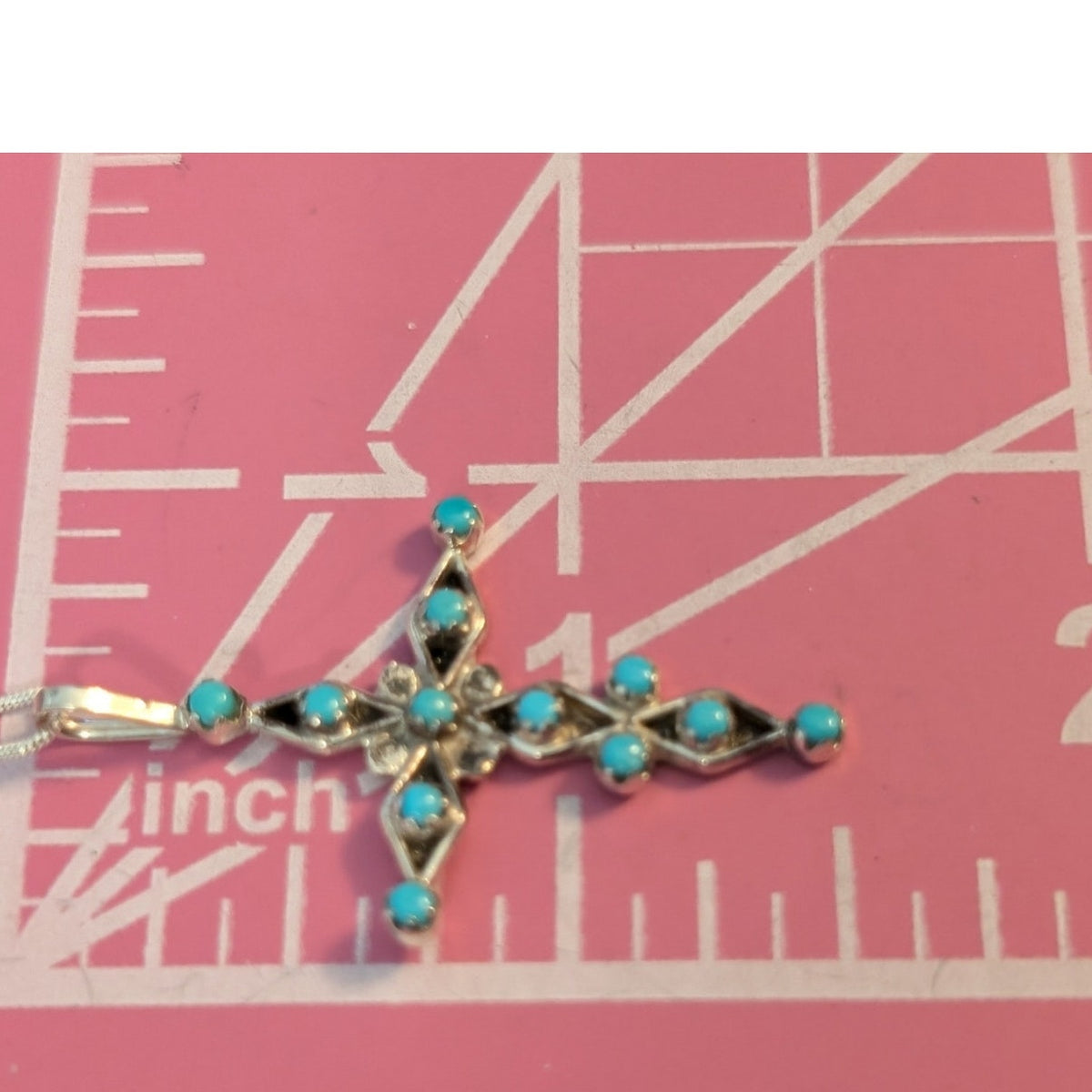 Vintage 925 Sterling Silver Petit Point Sawtooth Set Turquoise Cross Necklace