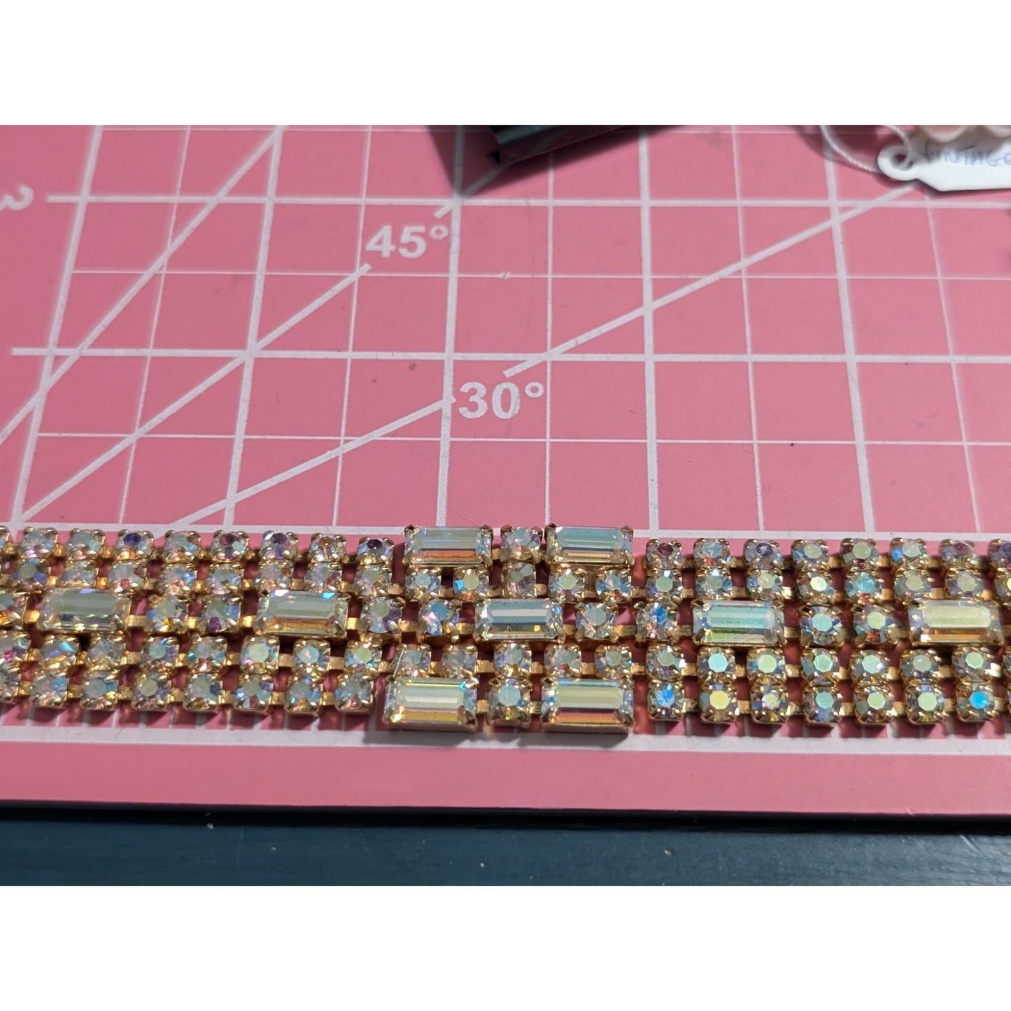 Vintage 1960s Unsigned Aurora Borealis Crystal Gold Tone Wide Bracelet W/ Safety