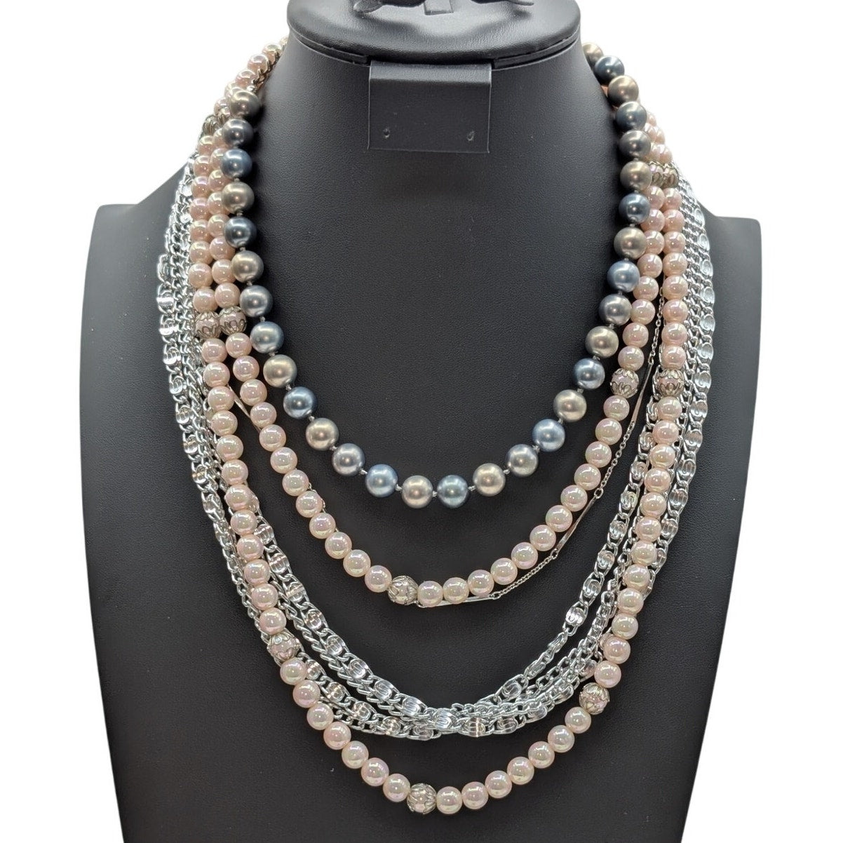 Lot of Five Vintage to Modern Silver Tone Pink & Gray Faux Pearl Necklaces