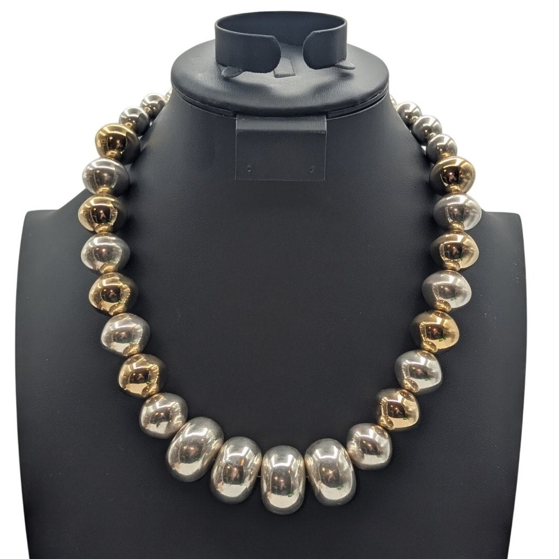 Vintage Chunky Silver & Gold Tone Heavy Beaded Barrel Clasp 21.5" Necklace