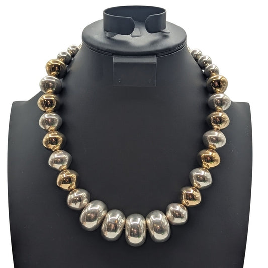 Vintage Chunky Silver & Gold Tone Heavy Beaded Barrel Clasp 21.5" Necklace