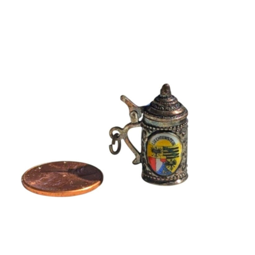 Vintage 800 Silver Enamel Liechtenstein Beer Stein Mobile Lid Charm