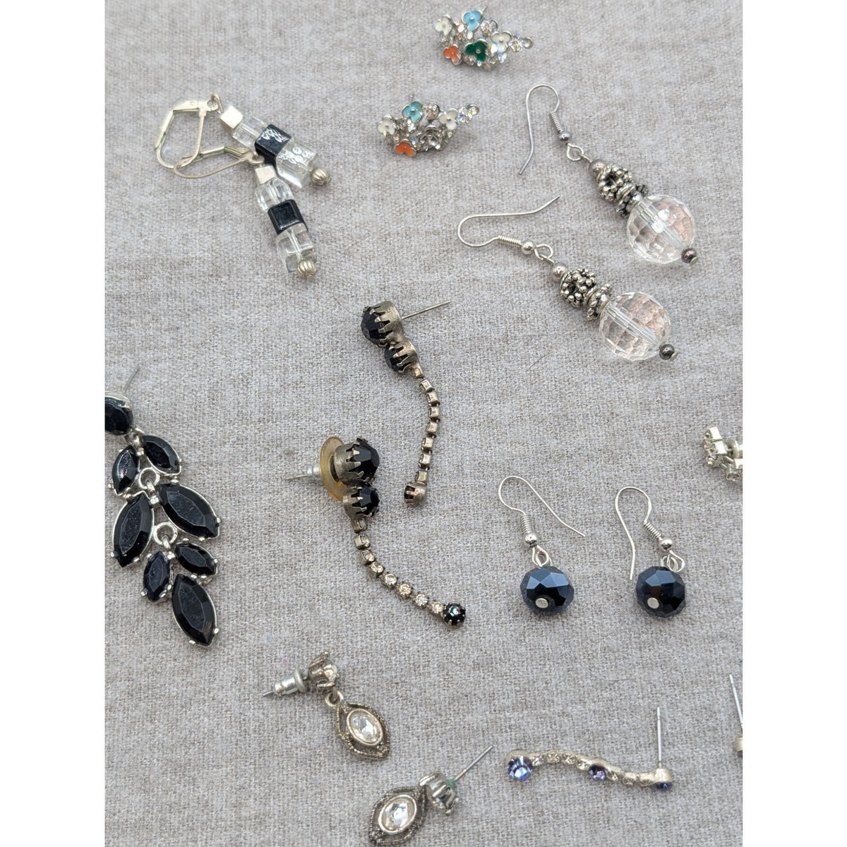 Lot of 13 Pair Black Crystal Rhinestone Earrings For Pierced Ears