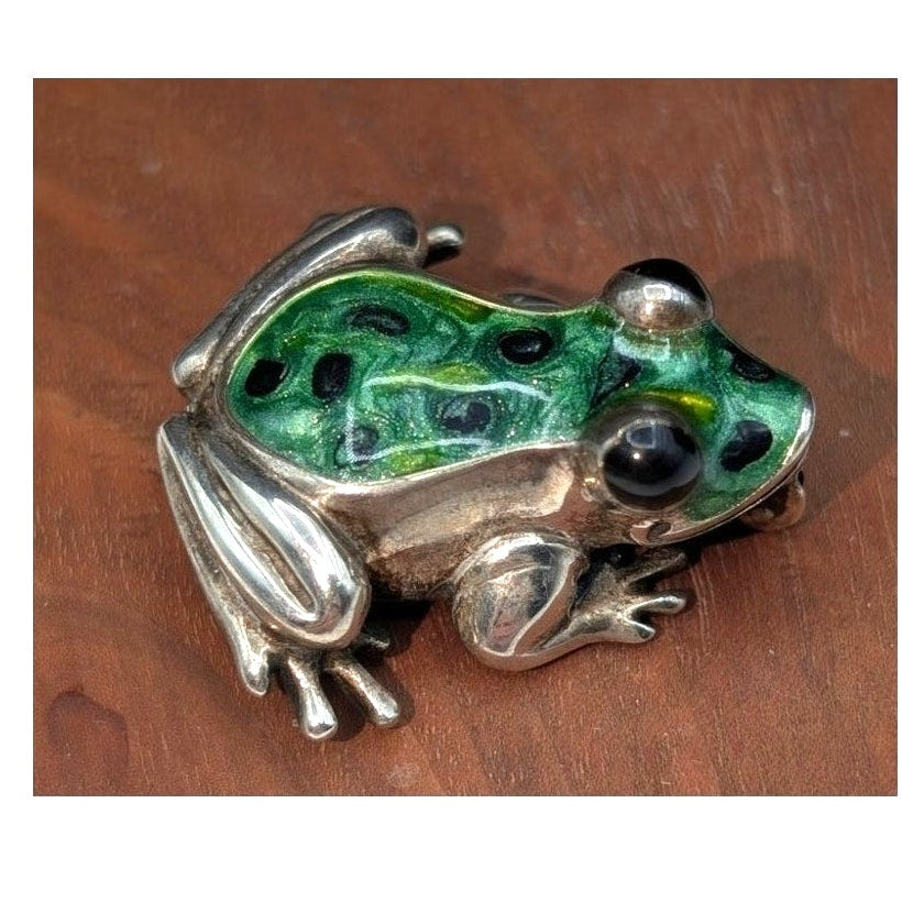 Vtg 925 Italy Sterling Hand-Painted Green Spotted Enamel Frog Brooch 11.14g