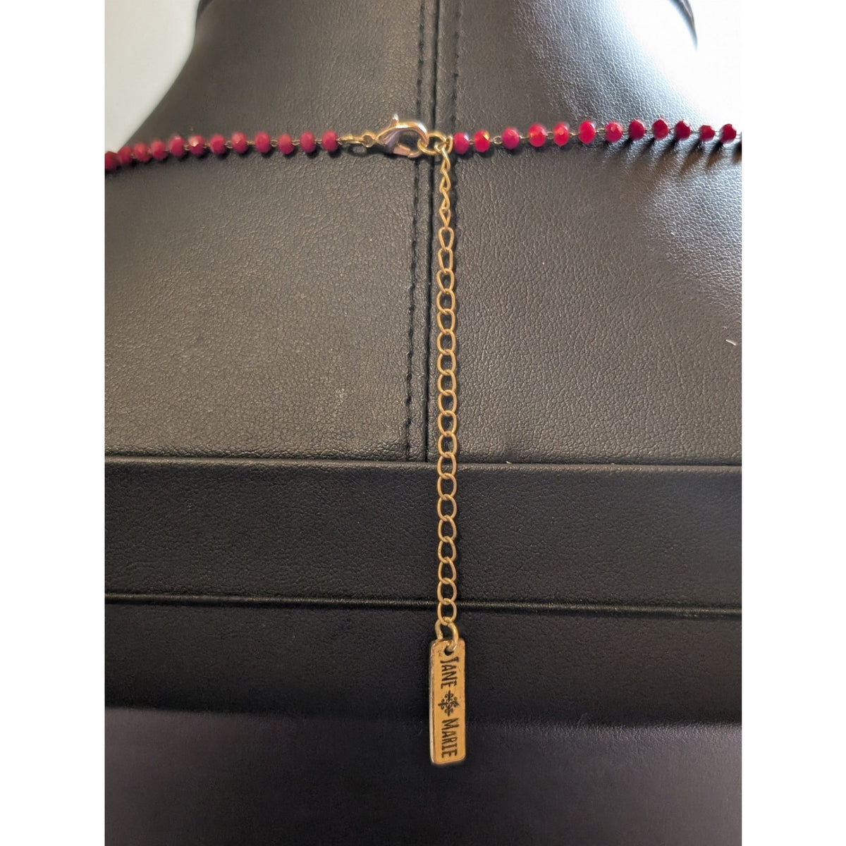 Jane Marie Red Crystal Beaded Chain Dangly Gold Tone Pendant 32"-35" Necklace
